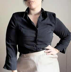 90s Joanna Black V Neck Princess Seam Button Up Top Size Medium